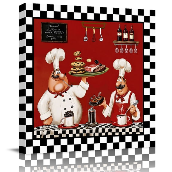 Framed Canvas Wall Art for Living Room Funny Cooking Chef Wall Decor, Food Wine Black Plaid Aesthetic Paintings for Bedroom Office Kitchen Bathroom, Ready to Hang Artwork Wall Pictures 8x8 Inch