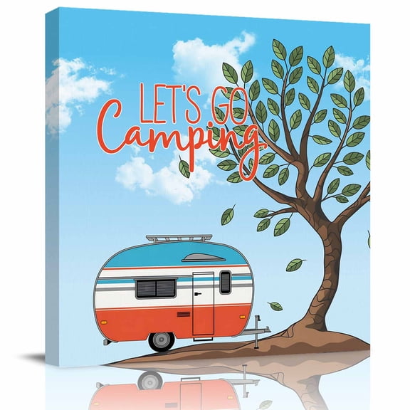 Framed Canvas Wall Art for Living Room Let's Go Camping Wall Decor, Camper Van Trees Blue Sky Aesthetic Paintings for Bedroom Office Kitchen Bathroom, Ready to Hang Artwork Wall Pictures 8x8 Inch