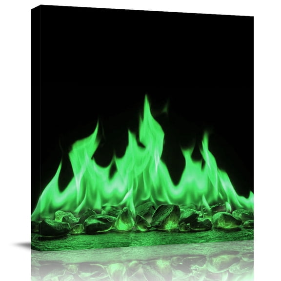 Framed Canvas Wall Art for Living Room Green Flames Wall Decor, Burning Embers Ethereal Fire Aesthetic Paintings for Bedroom Office Kitchen Bathroom, Ready to Hang Artwork Wall Pictures 8x8 Inch