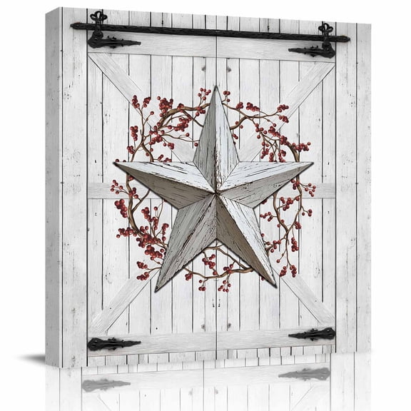 Framed Canvas Wall Art for Living Room Grey Barn Star Berry Wall Decor, Rustic Farmhouse Door Wall Aesthetic Paintings for Bedroom Office Kitchen, Ready to Hang Artwork Wall Pictures 8x8 Inch