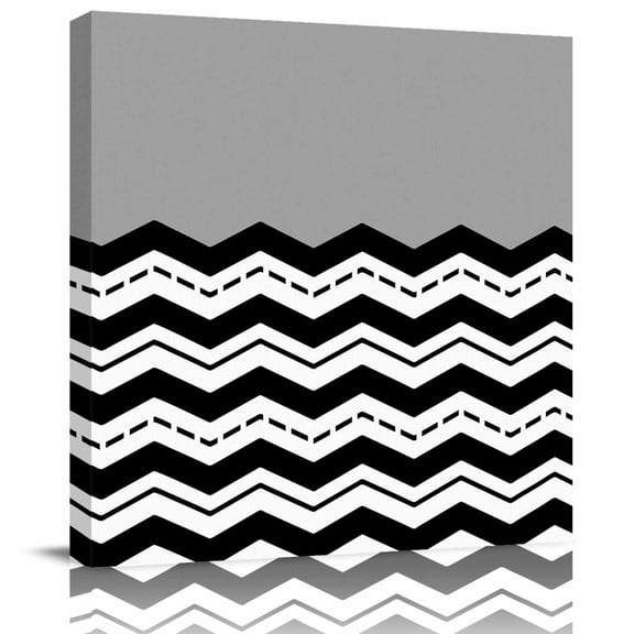 Framed Canvas Wall Art for Living Room Grey Black Waves Wall Decor, Chevron Stripe Aesthetic Paintings for Bedroom Office Kitchen Bathroom, Ready to Hang Artwork Wall Pictures 8x8 Inch