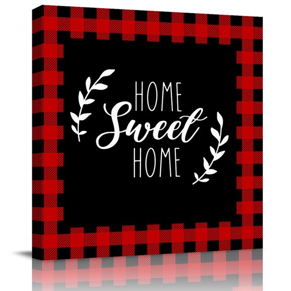 Framed Canvas Wall Art for Living Room Home Sweet Home Wall Decor, Leaves Red Buffalo Plaid Aesthetic Paintings for Bedroom Office Kitchen Bathroom, Ready to Hang Artwork Wall Pictures 8x8 Inch