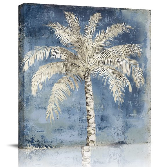 Framed Canvas Wall Art for Living Room Indigo Palm Tree Wall Decor, Summer Tropical Jungle Aesthetic Paintings for Bedroom Office Kitchen Bathroom, Ready to Hang Artwork Wall Pictures 8x8 Inch