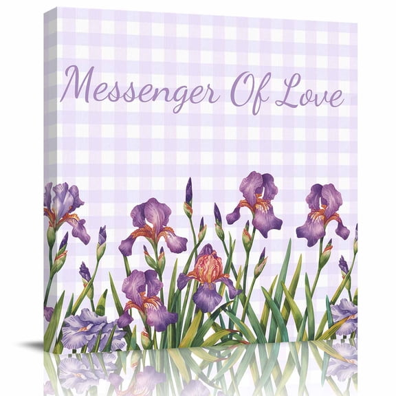 Framed Canvas Wall Art for Living Room Iris Flowers Wall Decor, Floral Purple Buffalo Plaid Aesthetic Paintings for Bedroom Office Kitchen Bathroom, Ready to Hang Artwork Wall Pictures 8x8 Inch