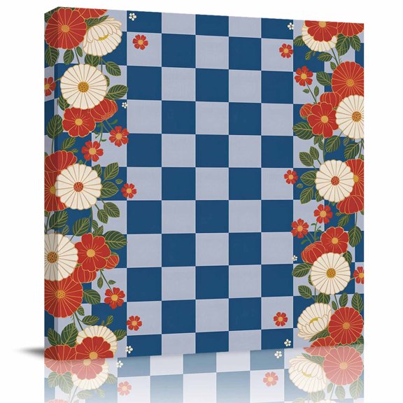 Framed Canvas Wall Art for Living Room Japanese Style Flowers Wall Decor, Harmony Blue Check Buffalo Plaid Aesthetic Paintings for Bedroom Office Kitchen, Ready to Hang Wall Pictures 8x8 Inch