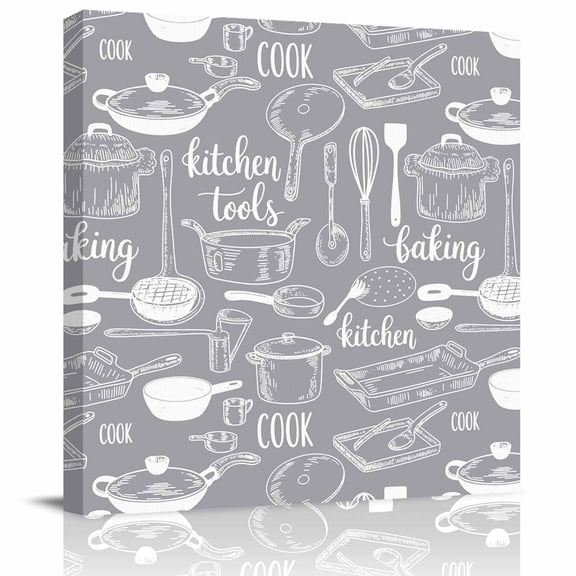 Framed Canvas Wall Art for Living Room Kitchen Tools Wall Decor, Grey Utensils Pots Pans Spoon Fork Aesthetic Paintings for Bedroom Office Kitchen, Ready to Hang Artwork Wall Pictures 8x8 Inch