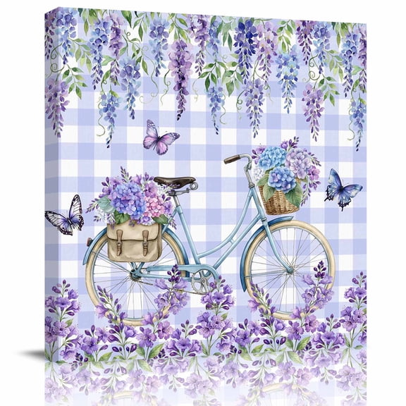 Framed Canvas Wall Art for Living Room Lavender Bicycle Wall Decor, Butterfly Wisteria Flower Purple Plaid Aesthetic Paintings for Bedroom Office Kitchen, Ready to Hang Wall Pictures 8x8 Inch