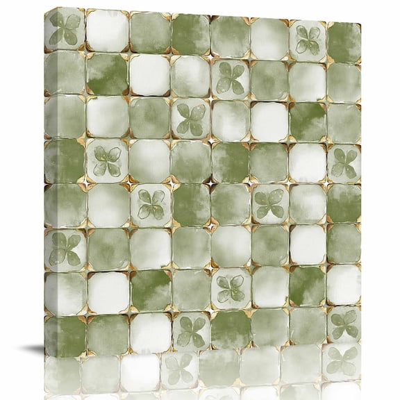 Framed Canvas Wall Art for Living Room Light Green Floral Leaves Wall Decor, Ethnic Style Lattice Aesthetic Paintings for Bedroom Office Kitchen, Ready to Hang Artwork Wall Pictures 8x8 Inch