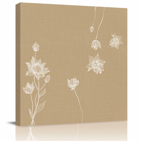 Framed Canvas Wall Art for Living Room Lotus Flowers Wall Decor, Harmony Floral Khaki Aesthetic Paintings for Bedroom Office Kitchen Bathroom, Ready to Hang Artwork Wall Pictures 8x8 Inch