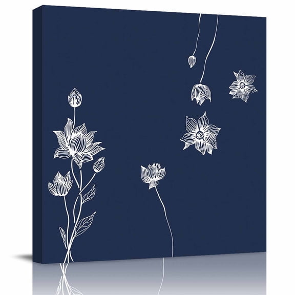 Framed Canvas Wall Art for Living Room Lotus Flowers Wall Decor, Harmony Floral Navy Blue Aesthetic Paintings for Bedroom Office Kitchen Bathroom, Ready to Hang Artwork Wall Pictures 8x8 Inch