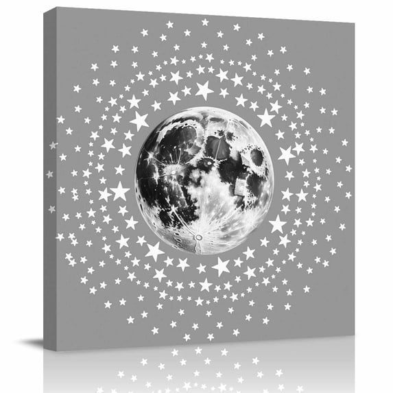 Framed Canvas Wall Art for Living Room Moon Star Cluster Wall Decor, Grey Starry Night Aesthetic Paintings for Bedroom Office Kitchen Bathroom, Ready to Hang Artwork Wall Pictures 12x12 Inch