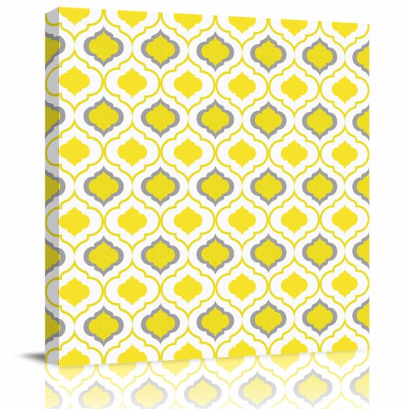 Framed Canvas Wall Art for Living Room Moroccan Pattern Wall Decor, Geometric Trellis Yellow Grey Aesthetic Paintings for Bedroom Office Kitchen, Ready to Hang Artwork Wall Pictures 8x8 Inch