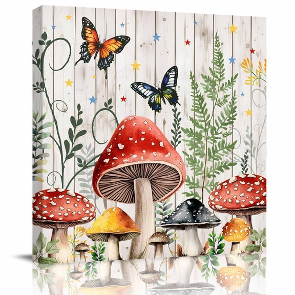 Framed Canvas Wall Art for Living Room Mushrooms Wall Decor, Butterflies Wood Grain Aesthetic Paintings for Bedroom Office Kitchen Bathroom, Ready to Hang Artwork Wall Pictures 8x8 Inch