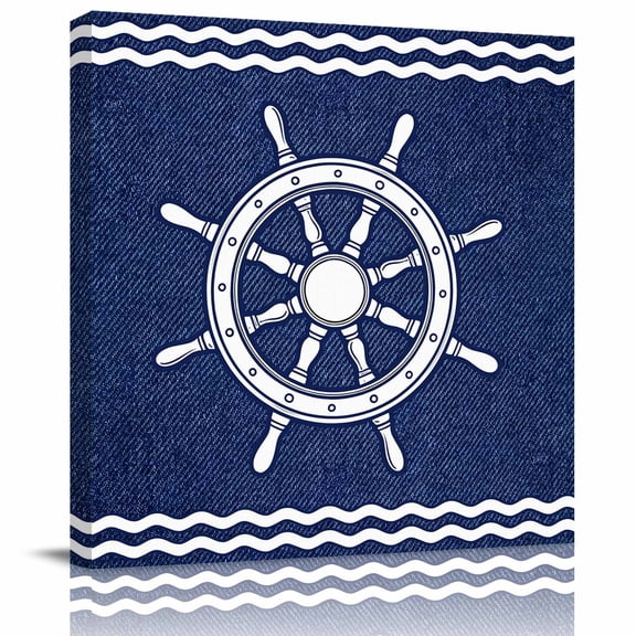 Framed Canvas Wall Art for Living Room Nautical Captain's Wheel Wall Decor, Helm Navy Blue Stripes Aesthetic Paintings for Bedroom Office Kitchen, Ready to Hang Artwork Wall Pictures 8x8 Inch