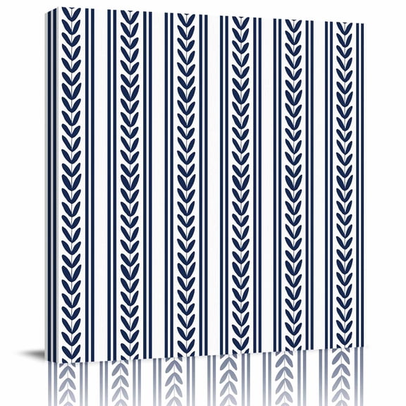 Framed Canvas Wall Art for Living Room Navy Blue Leaves Stripes Wall Decor, Vines Striped Aesthetic Paintings for Bedroom Office Kitchen Bathroom, Ready to Hang Artwork Wall Pictures 8x8 Inch