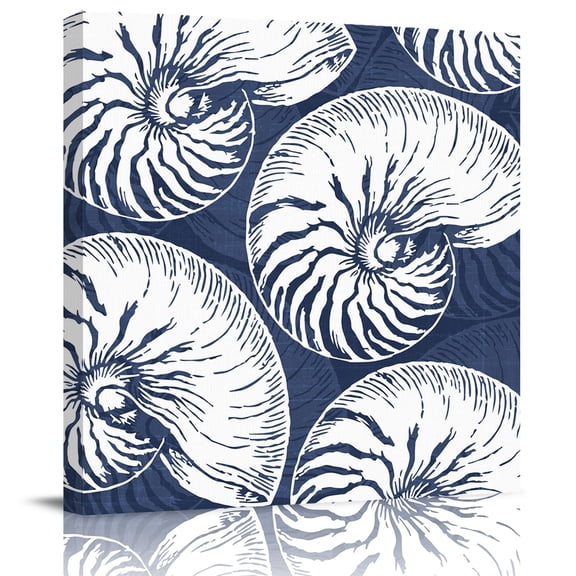 Framed Canvas Wall Art for Living Room Navy Blue Shell Wall Decor, Coastal Conch Ocean Marine Life Aesthetic Paintings for Bedroom Office Kitchen, Ready to Hang Artwork Wall Pictures 8x8 Inch