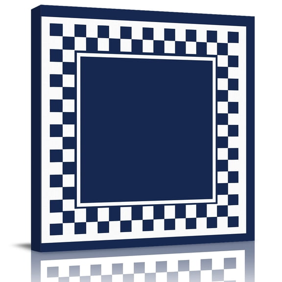 Framed Canvas Wall Art for Living Room Navy Blue Squares Wall Decor, Modern Block Checkered Border Aesthetic Paintings for Bedroom Office Kitchen, Ready to Hang Artwork Wall Pictures 8x8 Inch