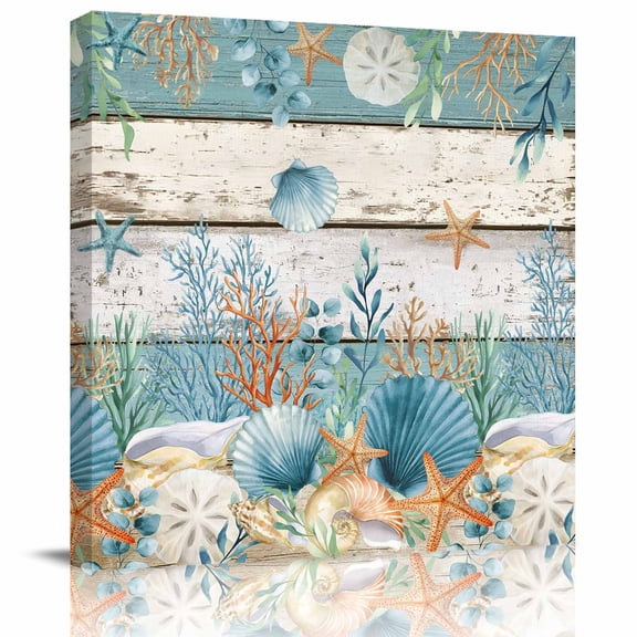 Framed Canvas Wall Art for Living Room Ocean Coral Wall Decor, Seagrass Starfish Conch Shell Teal Wood Aesthetic Paintings for Bedroom Office Kitchen, Ready to Hang Artwork Wall Pictures 8x8 Inch