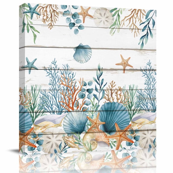 Framed Canvas Wall Art for Living Room Ocean Coral Wall Decor, Seagrass Starfish Conch Shell Wood Aesthetic Paintings for Bedroom Office Kitchen, Ready to Hang Artwork Wall Pictures 8x8 Inch