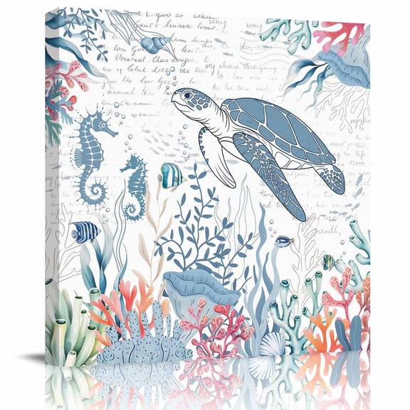Framed Canvas Wall Art for Living Room Ocean Turtle Wall Decor, Coral Shell Fish Marine LIfe Aesthetic Paintings for Bedroom Office Kitchen Bathroom, Ready to Hang Artwork Wall Pictures 8x8 Inch