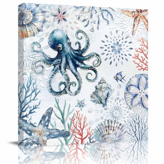 Framed Canvas Wall Art for Living Room Octopus Wall Decor, Shell Coral Fish Marine Life Aesthetic Paintings for Bedroom Office Kitchen Bathroom, Ready to Hang Artwork Wall Pictures 8x8 Inch