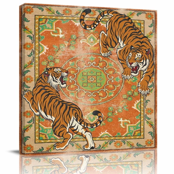 Framed Canvas Wall Art for Living Room Orange Boho Tiger Wall Decor, Bohemian Animal Print Aesthetic Paintings for Bedroom Office Kitchen Bathroom, Ready to Hang Artwork Wall Pictures 12x12 Inch