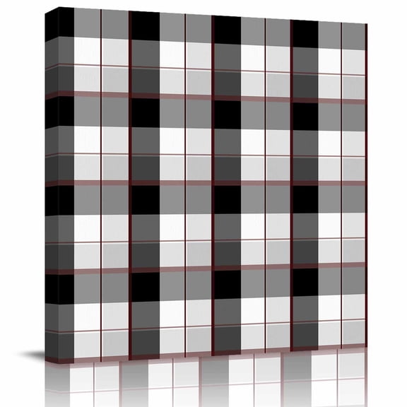 Framed Canvas Wall Art for Living Room Orange Buffalo Plaid Wall Decor, Black Geometric Check Aesthetic Paintings for Bedroom Office Kitchen Bathroom, Ready to Hang Artwork Wall Pictures 8x8 Inch