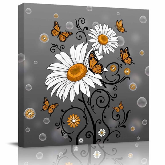 Framed Canvas Wall Art for Living Room Orange Daisy Flower Wall Decor, Grey Bubble Butterfly Floral Aesthetic Paintings for Bedroom Office Kitchen, Ready to Hang Artwork Wall Pictures 8x8 Inch