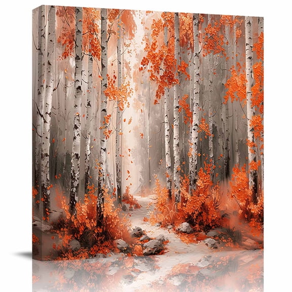 Framed Canvas Wall Art for Living Room Orange Forest Plant Wall Decor, Tree Illustration Aesthetic Paintings for Bedroom Office Kitchen Bathroom, Ready to Hang Artwork Wall Pictures 8x8 Inch