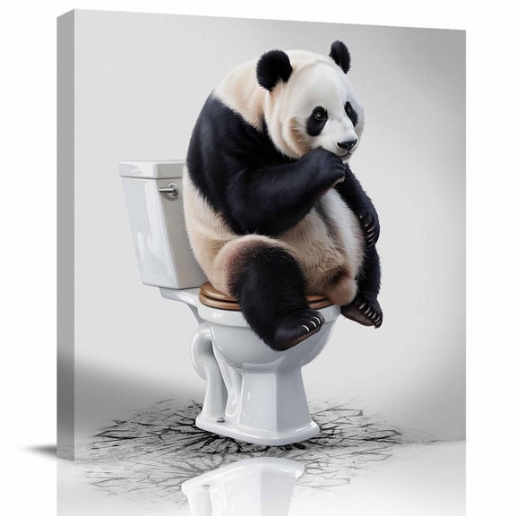 Framed Canvas Wall Art for Living Room Panda Sitting on The Toilet Wall Decor, Funny Animal Grey Aesthetic Paintings for Bedroom Office Kitchen Bathroom, Ready to Hang Artwork Wall Pictures 8x8 Inch