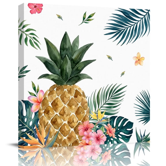 Framed Canvas Wall Art for Living Room Pineapple Palm Leaves Wall Decor, Summer Tropical Fruit Petals Aesthetic Paintings for Bedroom Office Kitchen, Ready to Hang Artwork Wall Pictures 8x8 Inch