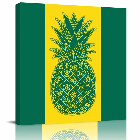 Framed Canvas Wall Art for Living Room Pineapple Wall Decor, Yellow Green Stripes Lines Aesthetic Paintings for Bedroom Office Kitchen Bathroom, Ready to Hang Artwork Wall Pictures 8x8 Inch