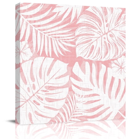Framed Canvas Wall Art for Living Room Pink Palm Leaves Wall Decor, Jungle Leaf Monstera Plant Aesthetic Paintings for Bedroom Office Kitchen Bathroom, Ready to Hang Artwork Wall Pictures 8x8 Inch