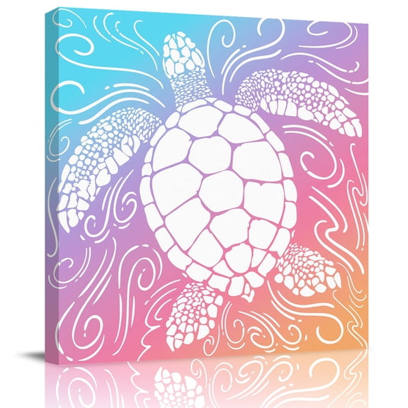 Framed Canvas Wall Art for Living Room Pink Purple Sea Turtle Wall Decor, Coastal Marine Life Waves Aesthetic Paintings for Bedroom Office Kitchen, Ready to Hang Artwork Wall Pictures 16x16 Inch
