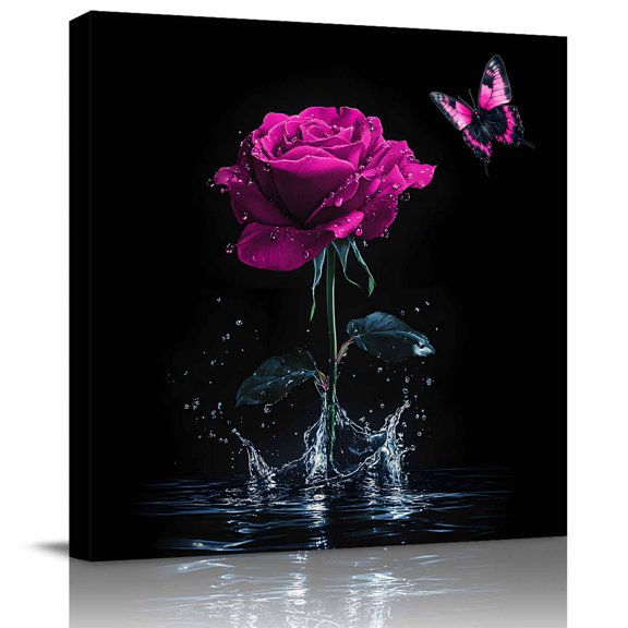 Framed Canvas Wall Art for Living Room Pink Rose Wall Decor, Butterfly Splash Black Aesthetic Paintings for Bedroom Office Kitchen Bathroom, Ready to Hang Artwork Wall Pictures 8x8 Inch