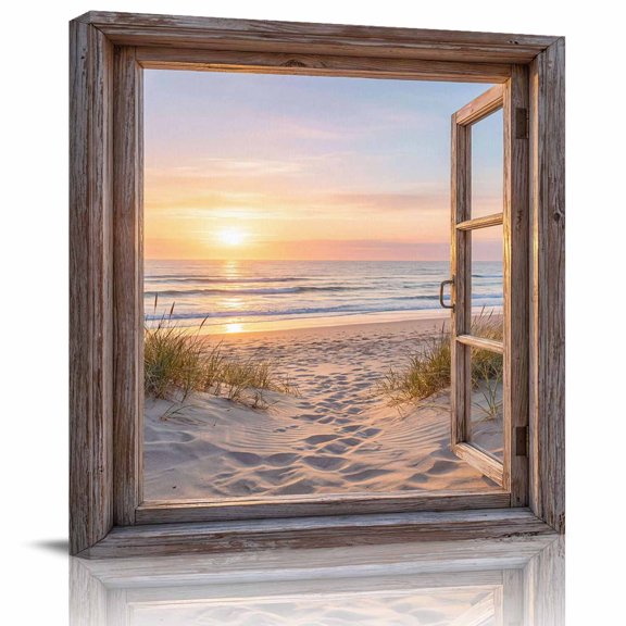 Framed Canvas Wall Art for Living Room Pink Sunset Sandy Beach Wall Decor, Vintage Wooden Doors Aesthetic Paintings for Bedroom Office Kitchen Bathroom, Ready to Hang Artwork Wall Pictures 8x8 Inch