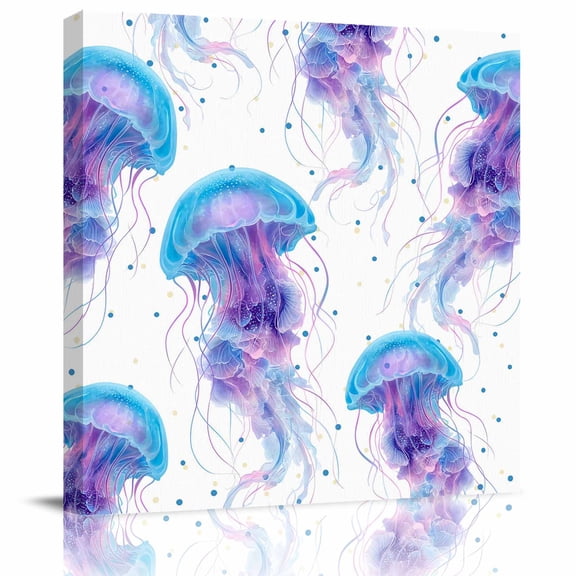 Framed Canvas Wall Art for Living Room Purple Blue Jellyfish Wall Decor, Coastal Ocean Bubbles Aesthetic Paintings for Bedroom Office Kitchen Bathroom, Ready to Hang Artwork Wall Pictures 8x8 Inch