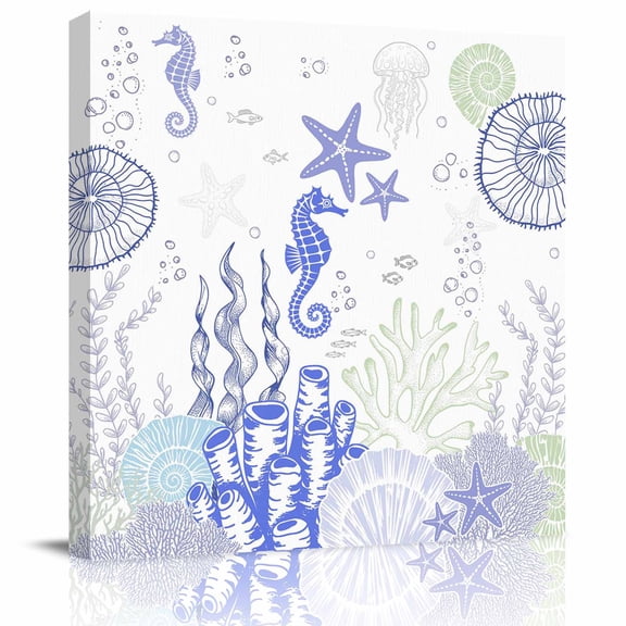 Framed Canvas Wall Art for Living Room Purple Coral Wall Decor, Starfish Hippocampus Shell Aesthetic Paintings for Bedroom Office Kitchen Bathroom, Ready to Hang Artwork Wall Pictures 8x8 Inch
