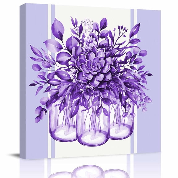 Framed Canvas Wall Art for Living Room Purple Eucalyptus Leaves Wall Decor, Floral Vase Stripes Aesthetic Paintings for Bedroom Office Kitchen Bathroom, Ready to Hang Artwork Wall Pictures 8x8 Inch