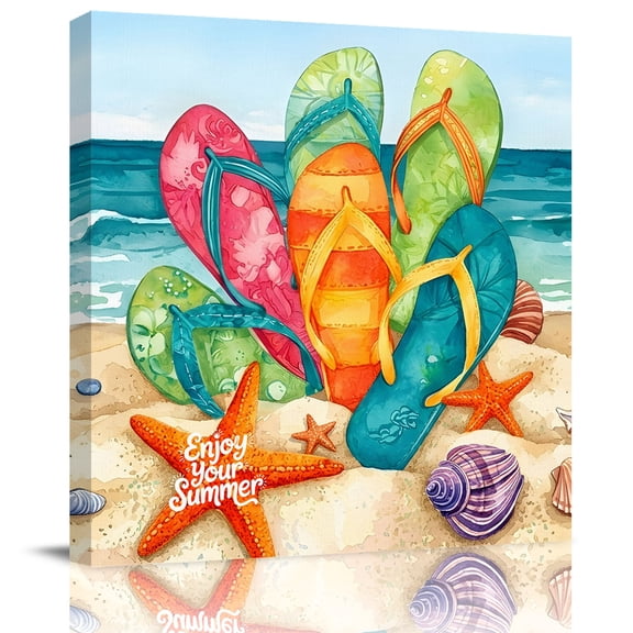 Framed Canvas Wall Art for Living Room Rainbow Flip Flops Wall Decor, Summer Beach Sand Starfish Aesthetic Paintings for Bedroom Office Kitchen, Ready to Hang Artwork Wall Pictures 16x16 Inch