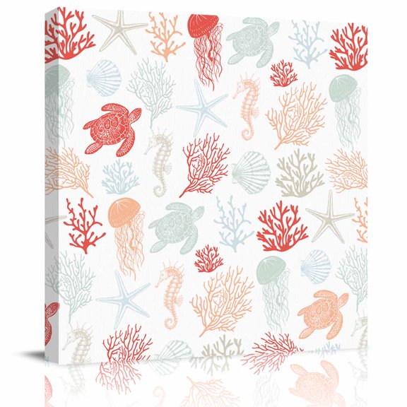 Framed Canvas Wall Art for Living Room Red Coral Turtles Starfish Jellyfish Shells Wall Decor, Sea Creature Aesthetic Paintings for Bedroom Office Kitchen, Ready to Hang Wall Pictures 8x8 Inch