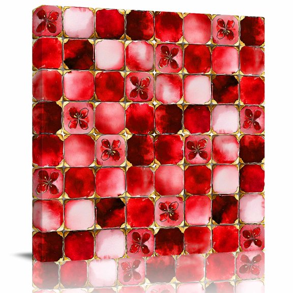 Framed Canvas Wall Art for Living Room Red Floral Leaves Wall Decor, Ethnic Style Lattice Aesthetic Paintings for Bedroom Office Kitchen Bathroom, Ready to Hang Artwork Wall Pictures 8x8 Inch