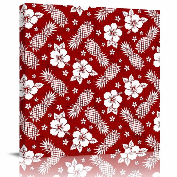 Framed Canvas Wall Art for Living Room Red Pineapples Wall Decor, Tropical Fruit Hibiscus Flowers Aesthetic Paintings for Bedroom Office Kitchen, Ready to Hang Artwork Wall Pictures 12x12 Inch