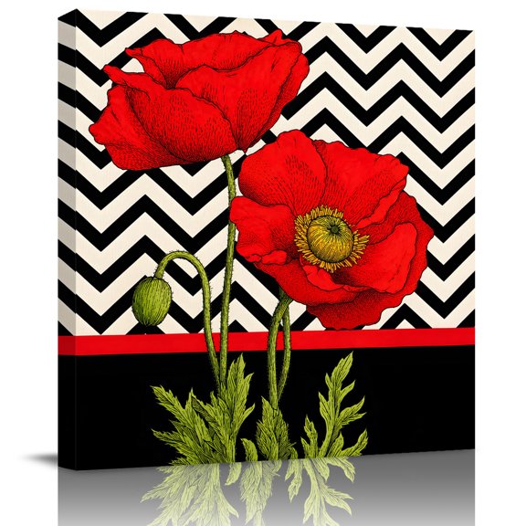 Framed Canvas Wall Art for Living Room Red Poppy Flowers Wall Decor, Bloom Flower Buds Black Chevron Aesthetic Paintings for Bedroom Office Kitchen Bathroom, Ready to Hang Artwork 8x8 Inch