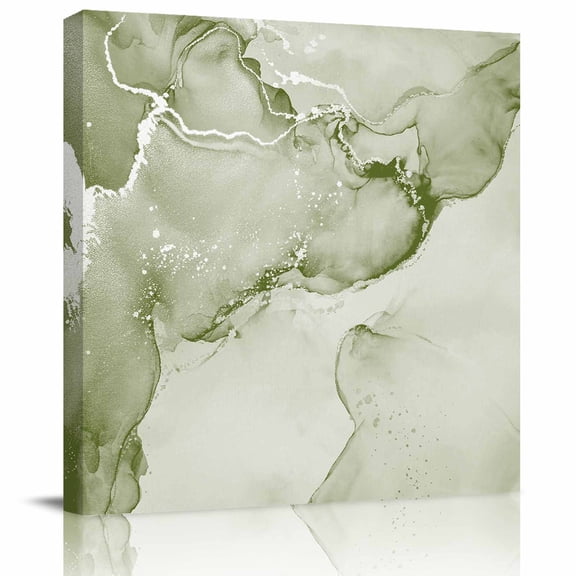 Framed Canvas Wall Art for Living Room Sage Green Marble Wall Decor, Abstract Waves Cloud Aesthetic Paintings for Bedroom Office Kitchen Bathroom, Ready to Hang Artwork Wall Pictures 8x8 Inch