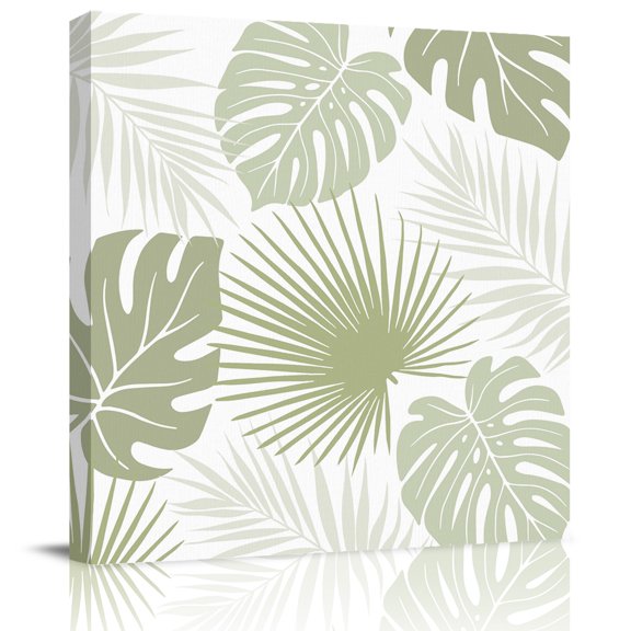 Framed Canvas Wall Art for Living Room Sage Green Monstera Leaves Wall Decor, Tropical Leaf Exotic Plants Aesthetic Paintings for Bedroom Office Kitchen, Ready to Hang Artwork Wall Pictures 8x8 Inch
