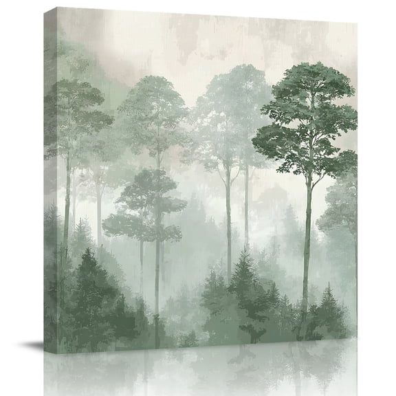 Framed Canvas Wall Art for Living Room Sage Green Pine Tree Wall Decor, Misty Forest Nature Aesthetic Paintings for Bedroom Office Kitchen Bathroom, Ready to Hang Artwork Wall Pictures 8x8 Inch