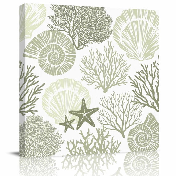 Framed Canvas Wall Art for Living Room Sage Green Starfish Shell Wall Decor, Coastal Ocean Coral Aesthetic Paintings for Bedroom Office Kitchen Bathroom, Ready to Hang Artwork Wall Pictures 8x8 Inch