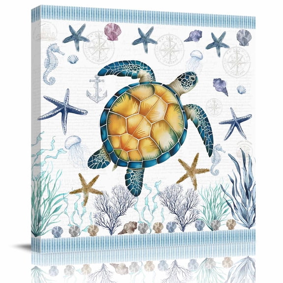 Framed Canvas Wall Art for Living Room Sea Turtle Wall Decor, Ocean Starfish Shell Seagrass Anchor Aesthetic Paintings for Bedroom Office Kitchen, Ready to Hang Artwork Wall Pictures 8x8 Inch