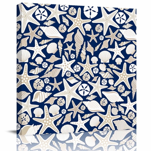 Framed Canvas Wall Art for Living Room Shell Starfish Wall Decor, Ocean Conch Beach Navy Blue Aesthetic Paintings for Bedroom Office Kitchen Bathroom, Ready to Hang Artwork Wall Pictures 8x8 Inch